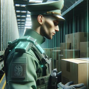 Futuristic Russian Customs Officer Inspecting Container