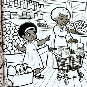 African American Toddler Girl & Mother Grocery Store Coloring Page