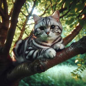 Striped Husky Cat on Tree | Vibrant Coat & Striking Eyes