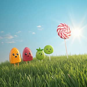 Colorful Cartoon Candies in a Sunny Scene