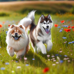 Chow Chow and Siberian Husky Playful Meadow Frolic