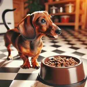 Hungry Dachshund Enjoying Feeding Time | Cozy Kitchen Setting