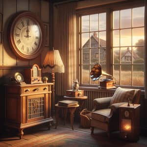 Vintage Artifacts Room: Nostalgic Setting with Antique Clock, Retro Radio, Gramophone, Lamp & Bay Window