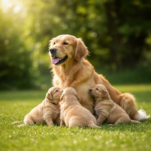 Golden Retriever with Playful Puppies