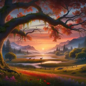 Serene Landscape at Sunset: Meadow, Oak Tree, Lake, Mountains