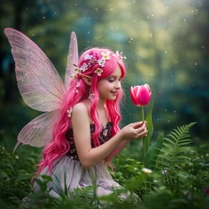 Fairy with Pink Hair Holding a Tulip