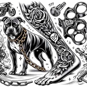 Intricate Leg Tattoo Design with Amstaff Dog and Aprilia RSV4 Elements