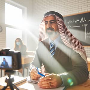 Middle-Eastern University Professor Facing Sunlight Glare in Video Conference Teaching