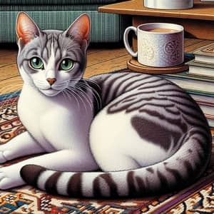 Sleek White and Gray Domestic Cat Lounging | Living Room Scene