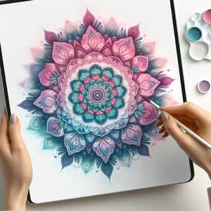 Vibrant Mandala Illustration in Pastel Pink, Purple & Teal