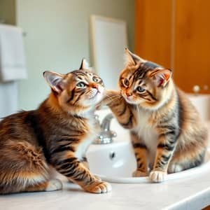 Adorable Cats Grooming Each Other in the Bathroom