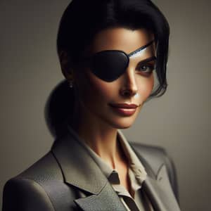 Professional Portrait of Female School Teacher in Gray Suit with Eyepatch