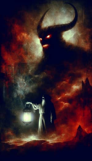 Surreal Night Scene: Man with Lantern vs. Demon