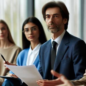 Middle-Aged Professional Holding Documents Speaking at Meeting