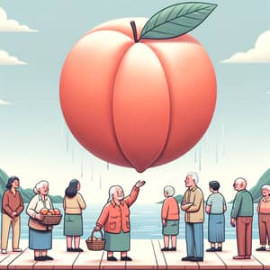 Elderly Women Watch Peach Floating Down River