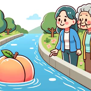 Elderly Women Enjoying River View with Large Peach