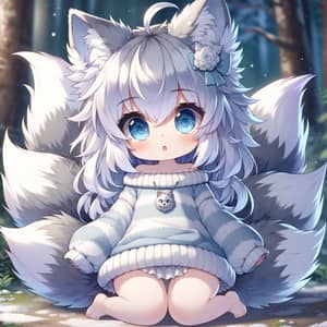 Cute Chubby Anime Wolf Girl in Moonlit Forest