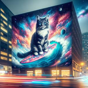 Cat Surfing Through Space - Vibrant Urban Art