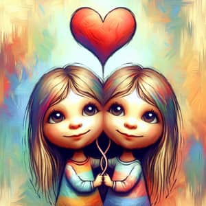 Vivid Two-Headed Little Girl Caricature with Heart