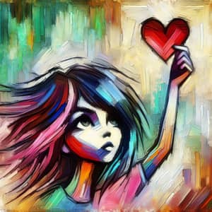 Exaggerated Girl Raising Heart | Vivid Artwork