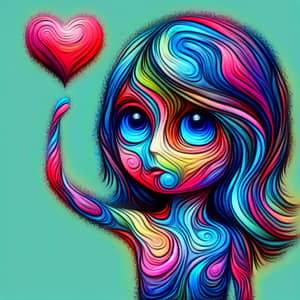 Vividly Colored Deformed Girl Holding Heart - Artistic Image