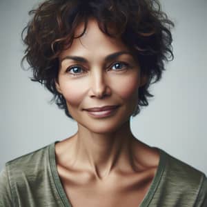 Portrait of Wise and Kind Woman with Curly Brown Hair