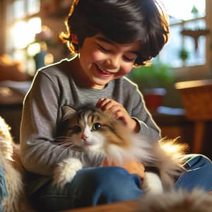 Adorable Fluffy Feline and Young Boy Enjoying Quality Time Together