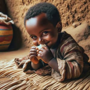 Ethiopian Boy Enjoying Traditional Bread in Rustic Setting