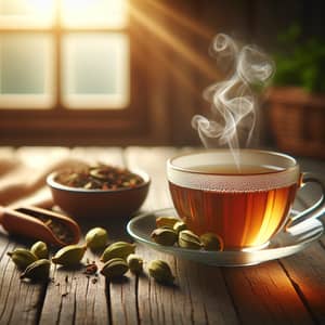 Aromatic Cardamom Tea Steeping on Rustic Wooden Table