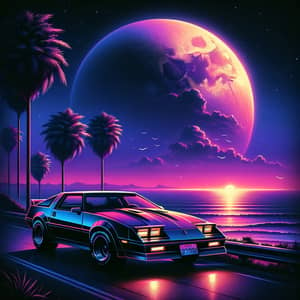 Vintage 1980s Car on Coastal Road at Dusk | Synthwave Style