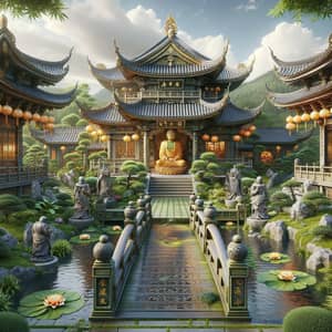 Serene Buddhist Temple in Lush Landscape | Golden Buddha Statues