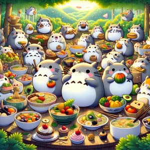 Whimsical Totoros Feasting on Delicious Foods in Enchanting Forest Scene