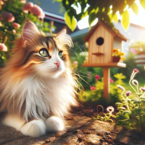 Fluffy Cat Lounging in Garden - White and Orange Stripes Cat