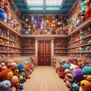 Cozy Room with Colorful Plushies and a Blue Door