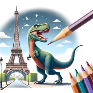 Dinosaur Strolling in Front of Eiffel Tower