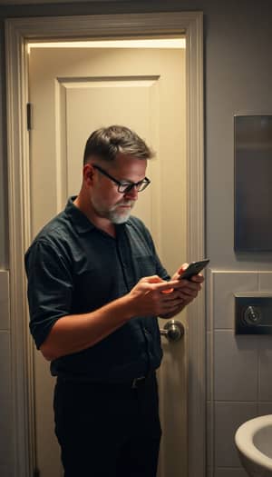 40-Year-Old Man Typing on Phone by Bathroom Door