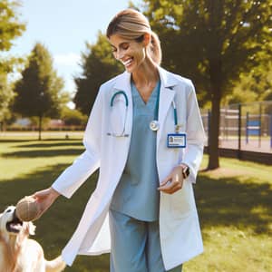 Peaceful Park Break: Woman in Lab Coat with Dog