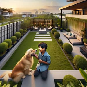 Young Boy and Golden Retriever in Contemporary Styled Garden