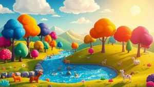 Whimsical Landscape with Colorful Trees & Animals