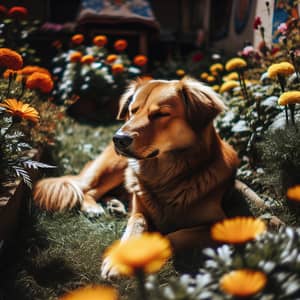 Tranquil Garden Scene with a Golden Dog