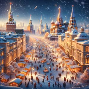 Christmas Holiday Scene in Moscow, Russia - Festive Snowy Cityscape