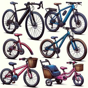 Vector Illustrations of Road, Mountain, City, and Children's Bicycles