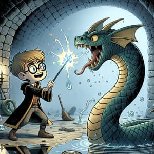 Wizard Boy Battles Basilisk in Medieval Chamber