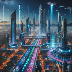 Futuristic Cityscape: Neon Lights, Skyscrapers, Levitating Cars