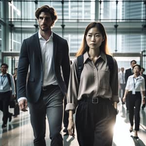 Female Bodyguard Protecting Male Client in Modern Office Lobby