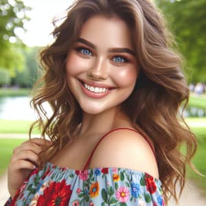 Confident Plus-sized Girl in Floral Sundress | Serene Park Scene