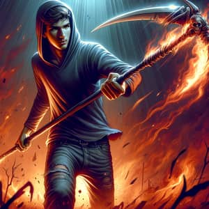 Flaming Scythe Wielding Young Man Slashing Downwards