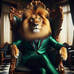 Majestic Lion in Green Suit on Ornate Throne