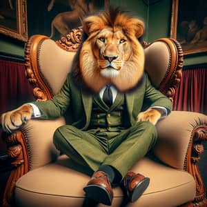 Lion in a Green Suit Sitting on the Throne