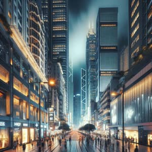 Bustling Night Pedestrian Sidewalk Among Skyscrapers